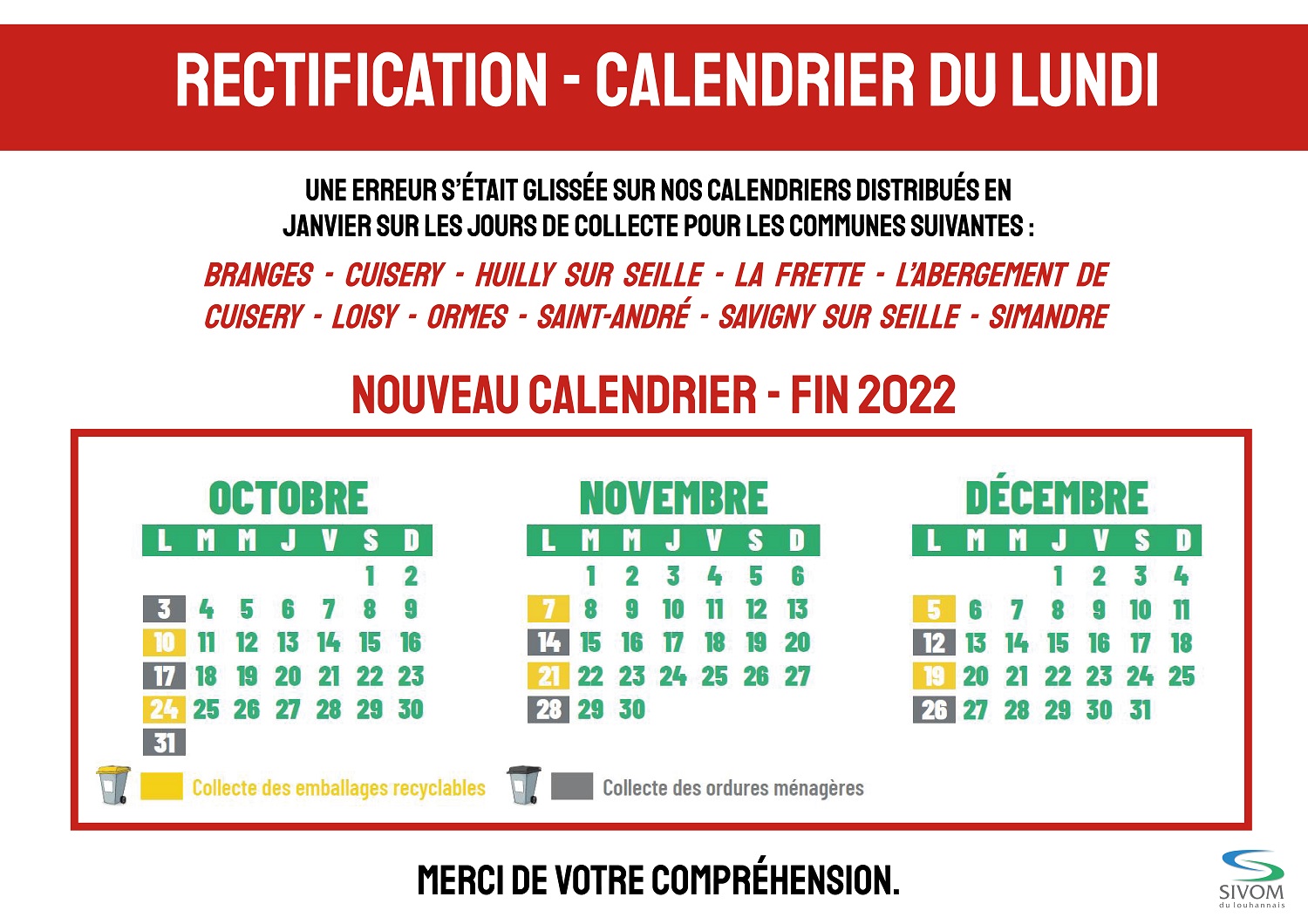 CALENDRIER DE COLLECTE DU LUNDI